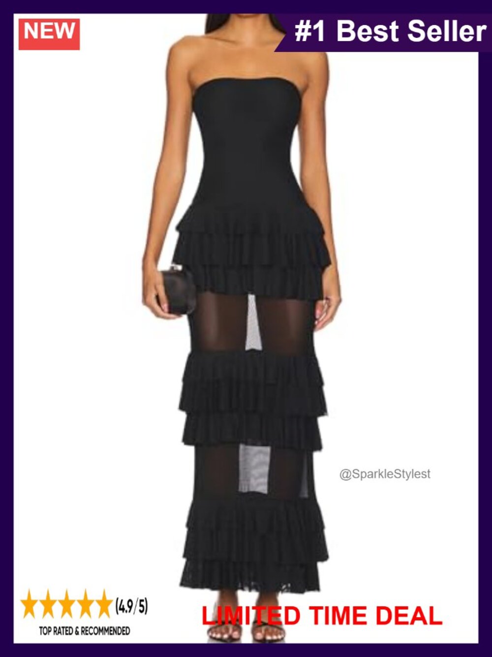 Mesh Corset Strapless Tiered Maxi Dress Off Shoulder Pleated Bodycon Long